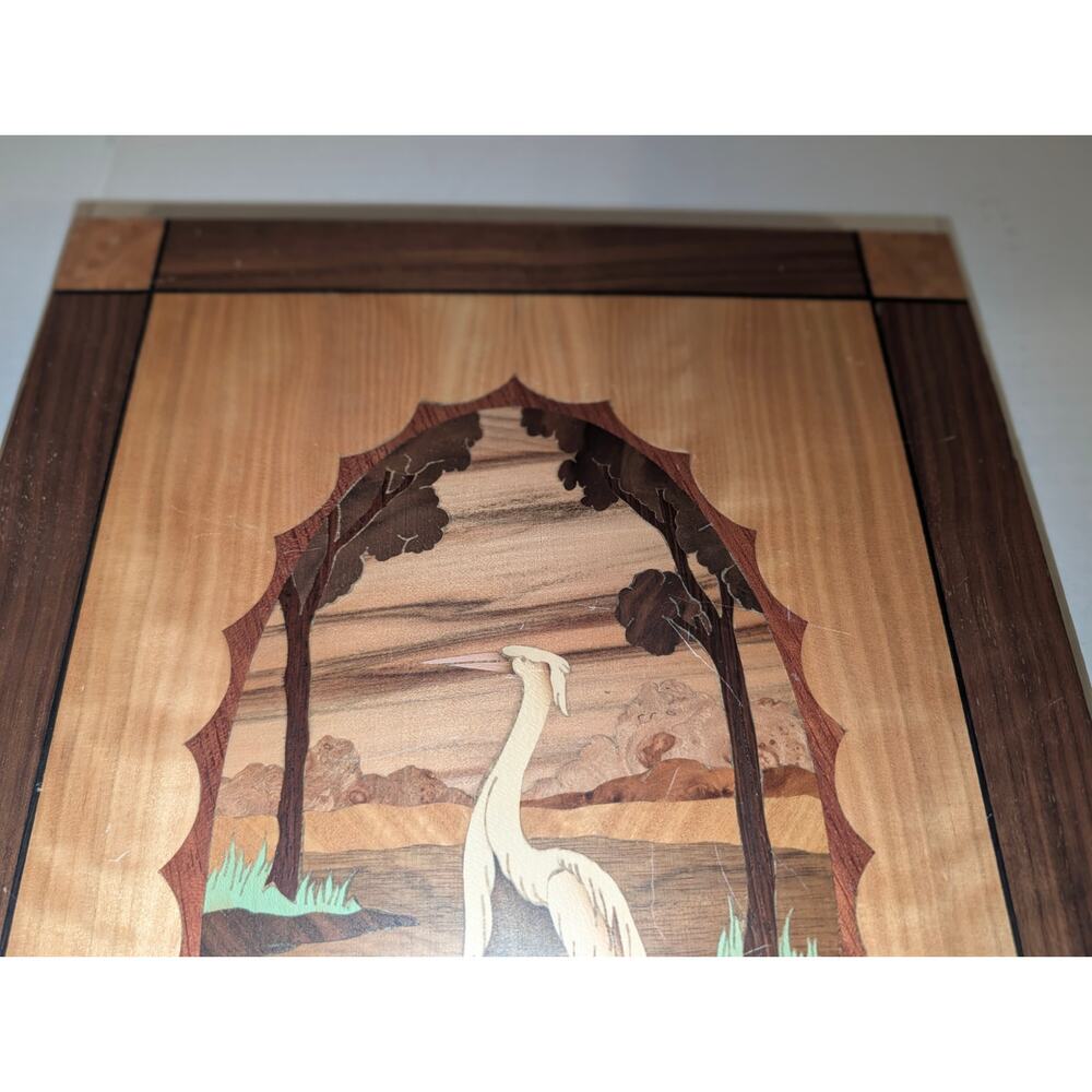 Vintage Rare Inlay Wood Blue Crane Wall Decor Different Woods Design - Picture 5 of 7